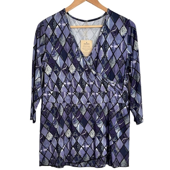 BLUE SKY Bamboo cross over neckline,purple blue diamond print blouse LARGE NWT - Picture 2 of 13